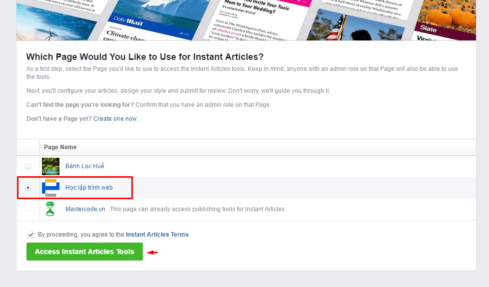 nhấp vào Access Instant Articles Tools